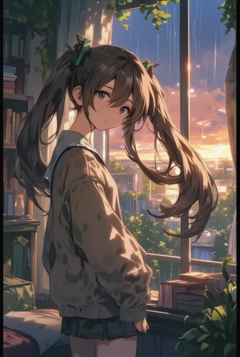 ( masterpiece、 best quality、 best quality、Official Art、 beautiful beautiful :1.2) Hatsune Miku、light green twin tails, beautiful breasts, looking out the window pensive, , gentle expression. soft raindrops passing through the window, creating a calm and...