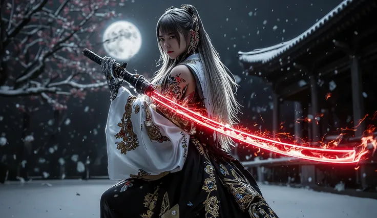 (Grand Prix winning combat movie scene rendered in 8K resolution)、(masterpiece)、 moonlight 、 excited 、((Full body illustration 1 .5))、((Figure pulling out a sword ))、 wide full shot 、 photorealistic, 高精細CG, best image quality, 8k, HQ, is extremely fine,...