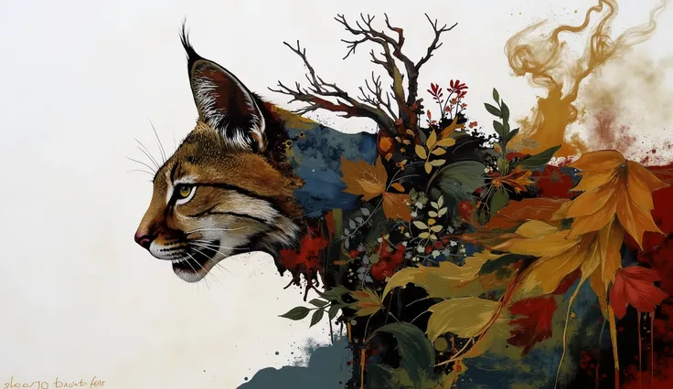 modern collage, use natural pigments and leafs and flowers to make a representation of a spirit animal, a cougar, in an ethereal representation made of smoke and montain vegetation, , color palette: Button Blue, Dark Yellow, Peridot, UE Red, Carmine