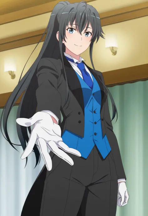 score_9,score_8_up,score_7_up,source anime,anime screencap,anime coloring,masterpiece,best quality,,,in front,,,1girl, solo, standing yukinoshita yukino, blue eyes , black hair, long hair, ponytail, tuxedo tailcoat, butler, blue necktie, black pants, white...