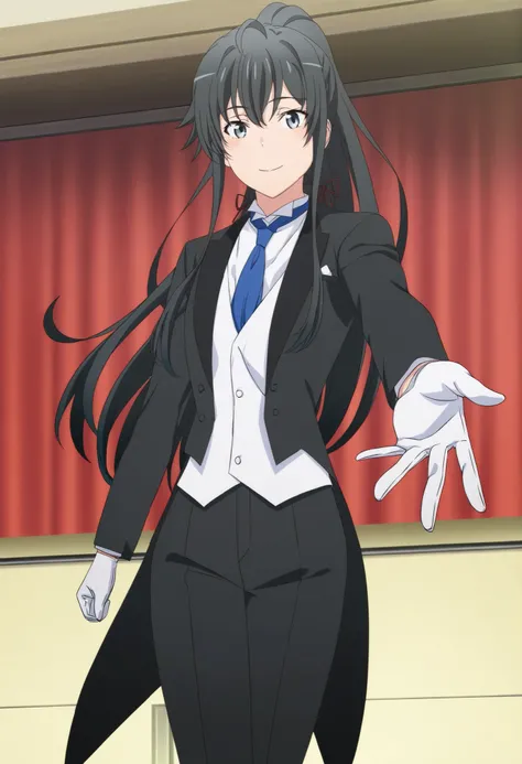 score_9,score_8_up,score_7_up,source anime,anime screencap,anime coloring,masterpiece,best quality,,,in front,,,1girl, solo, standing yukinoshita yukino, blue eyes , black hair, long hair, ponytail, tuxedo tailcoat, butler, blue necktie, black pants, white...