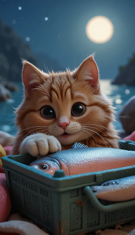 The Heist
"A mischievous cartoon cat crouches behind a fish crate, its paw reaching toward a shiny salmon. Moonlight reflects off its wide, excited eyes. Fish scales glimmer in the background. Style: ‘Puss in Boots’ adventure vibe."