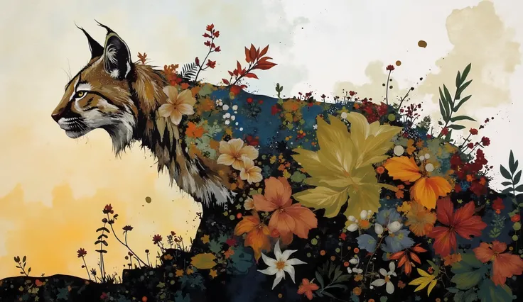 modern collage, use natural pigments and leafs and flowers to make a representation of a spirit animal, a cougar, in an ethereal representation made of smoke and montain vegetation, , color palette: Button Blue, Dark Yellow, Peridot, UE Red, Carmine