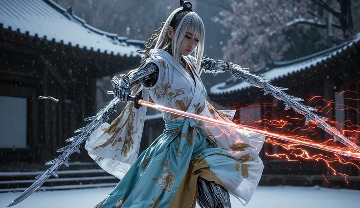(Grand Prix winning combat movie scene rendered in 8K resolution)、(masterpiece)、 moonlight、 excited 、((full body))、((Beautiful posture with a sword))、 wide full shot 、(I have a big sword with red lightning:1.2)、 holding a Japanese sword with red lightnin...