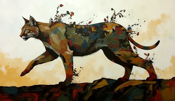 modern collage, use natural pigments and leafs and flowers to make a representation of a spirit animal, a cougar, in an ethereal representation made of smoke and montain vegetation, , color palette: Button Blue, Dark Yellow, Peridot, UE Red, Carmine