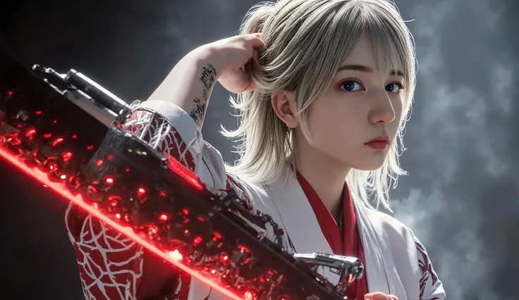 masterpiece、full body、 Combining Cyberpunk and Japanese Tradition 、Beautiful traditional kimono 、a combination of red and white kimono and cyber armor、 bright battlefield background 、golden hair、Hand holding a Japanese sword that emits red thunder、Godd...