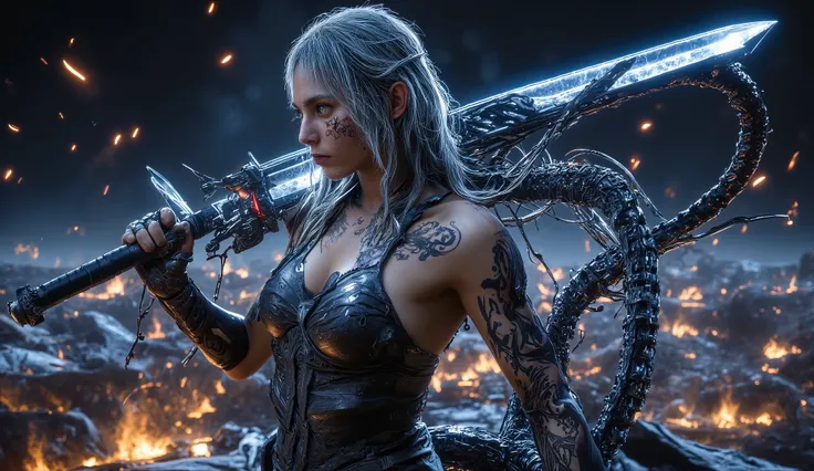 Blacksmiths turn into warriors, Her frost-stained face、full of traces of time and battle.  her habits are broken  , Covered with、was re-sewn with mismatched leather and wire mesh patches,  showed slight scars and vivid tattoos on her collarbone . a huge sw...