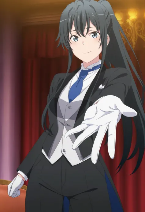 score_9,score_8_up,score_7_up,source anime,anime screencap,anime coloring,masterpiece,best quality,,,in front,,,1girl, solo, standing yukinoshita yukino, blue eyes , black hair, long hair, ponytail, tuxedo tailcoat, butler, blue necktie, black pants, white...