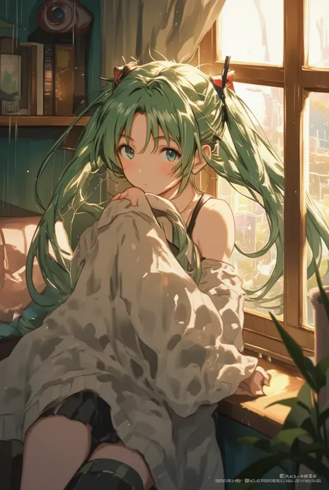 ( masterpiece、 best quality、 best quality、Official Art、 beautiful beautiful :1.2) Hatsune Miku、light green twin tails, beautiful breasts, looking out the window pensive, , gentle expression. soft raindrops passing through the window, creating a calm and...