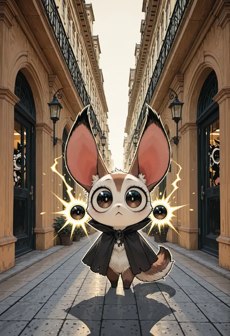 ultra detailed, absolutely resolution, masterpiece, chibi, (@o@), cute fluffy furry image, very cute new species of long-eared beastman, wearing a cloak, standing on two legs and looking around vigilantly, in the back alleys of the city, related backgroun...