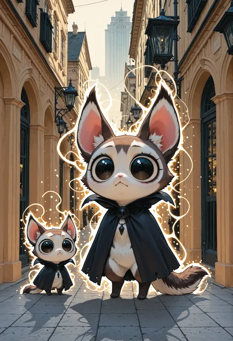 ultra detailed, absolutely resolution, masterpiece, chibi, (>_<), cute fluffy furry image, very cute new species of long-eared beastman, wearing a cloak, standing on two legs and looking around vigilantly, in the back alleys of the city, related backgroun...
