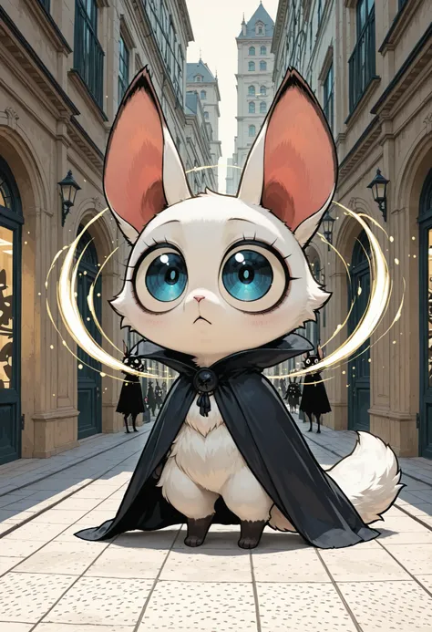 ultra detailed, absolutely resolution, masterpiece, chibi, (@o@), cute fluffy furry image, very cute new species of long-eared beastman, very big blue eyes, wearing a cloak, standing on two legs and looking around vigilantly, in the back alleys of the cit...