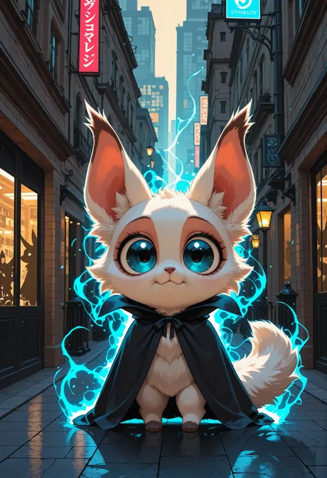 ultra detailed, absolutely resolution, masterpiece, chibi, cute fluffy furry image, very cute new species of long-eared beastman, very big blue eyes, wearing a cloak, standing on two legs and looking around vigilantly, in the back alleys of the city, rela...