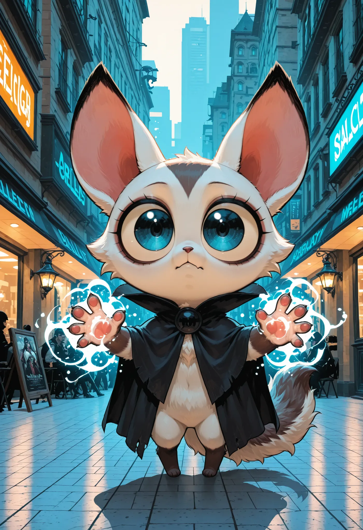 ultra detailed, absolutely resolution, masterpiece, chibi, cute fluffy furry image, very cute new species of long-eared beastman, very big blue eyes, wearing a cloak, standing on two legs and looking around vigilantly, in the back alleys of the city, rela...
