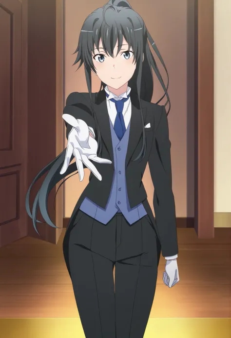 score_9,score_8_up,score_7_up,source anime,anime screencap,anime coloring,masterpiece,best quality,,,in front,,,1girl, solo, standing yukinoshita yukino, blue eyes , black hair, long hair, ponytail, tuxedo tailcoat, butler, blue necktie, black pants, white...