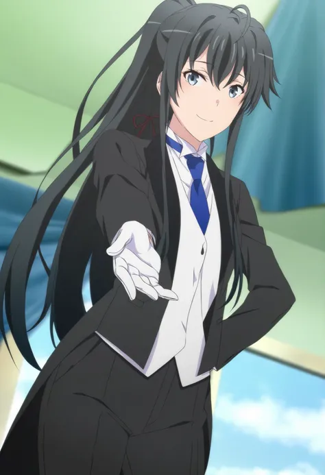 score_9,score_8_up,score_7_up,source anime,anime screencap,anime coloring,masterpiece,best quality,,,in front,,,1girl, solo, standing yukinoshita yukino, blue eyes , black hair, long hair, ponytail, tuxedo tailcoat, butler, blue necktie, black pants, white...