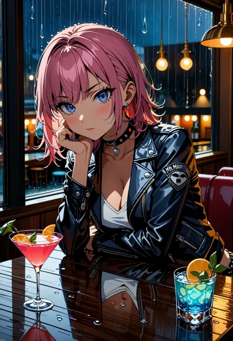 ((best quality)), ((masterpiece)), (detailed), perfect face, ((Best quality, 8k, Masterpiece: 1.3)), Sharp focus A beautiful woman with perfect body, Slim abdomen, Punk rocker, navy leather jacket, choker, standing bar, round table for one person, cocktail...
