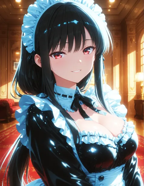 cute maid:1.2, grinning:1.2, beautiful clear skin:1.4, smooth skin, with beautiful eyes drawn in every detail, Shining Eyes , glossy lips, very detailed face, ((Frill Maid Clothes:1.1, Smooth black hair, Long hair tied together on the back :1.1)), bust sho...