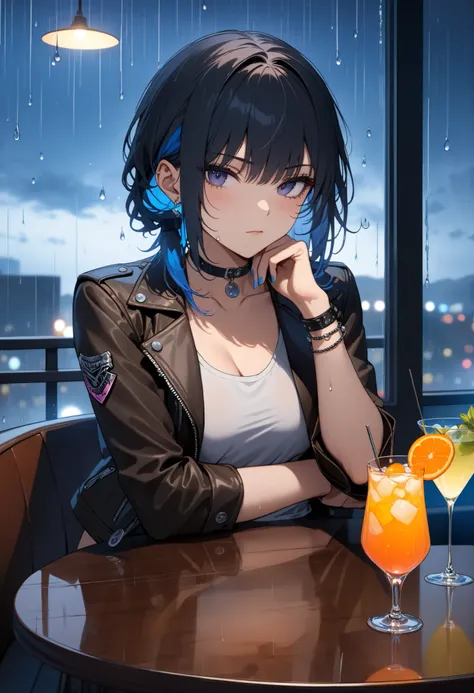 ((best quality)), ((masterpiece)), (detailed), perfect face, ((Best quality, 8k, Masterpiece: 1.3)), Sharp focus A beautiful woman with perfect body, Slim abdomen, Punk rocker, brown leather jacket, choker, standing bar, round table for one person, cocktai...