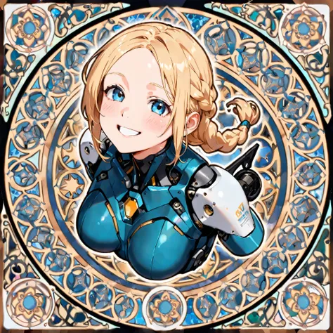 ((high definition symmetrical art)), aerial angle, ((mechanical, complex body)), ((huge god's weapon has female face's outline embedded, Art Nouveau, smiling)), blush, blond, braid, focus on breasts,