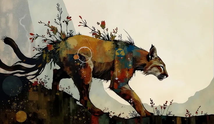 modern collage, use natural pigments and leafs and flowers to make a representation of a spirit animal, a cougar, in an ethereal representation made of smoke and montain vegetation, , color palette: Button Blue, Dark Yellow, Peridot, UE Red, Carmine