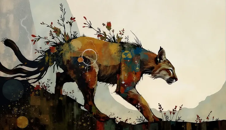 modern collage, use natural pigments and leafs and flowers to make a representation of a spirit animal, a cougar, in an ethereal representation made of smoke and montain vegetation, , color palette: Button Blue, Dark Yellow, Peridot, UE Red, Carmine
