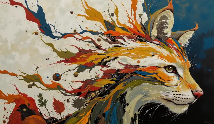 modern collage, use natural pigments and leafs and flowers to make a representation of a spirit animal, a cougar, in an ethereal representation made of smoke and montain vegetation, , color palette: Button Blue, Dark Yellow, Peridot, UE Red, Carmine