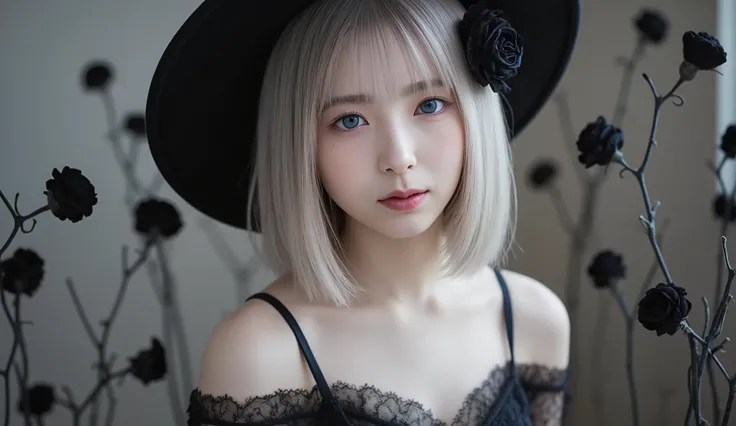 Tall, photorealistic images of beautiful East Asian young women , demonstration pussy , She's wearing a big black witch hat decorated with black roses . She wears a black off-shoulder costume with lace embellishments , give her an elegant and mystica...