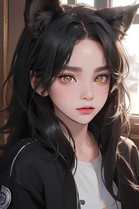 ((5-years old girl:1.5),(best quality, ((masterpiece)), beautiful detailed Eyes, 8K resolution, cinematic lighting,detailed clothes,Semi-realistic),1 woman,((30 year-old)),cool,(black straight medium hair),((white track jacket),((wolf ears)),digital arts,yellow eyes, (fresh), in the house
