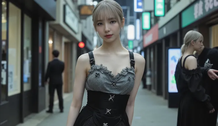 ( masterpiece,  best quality,  Super Details,    Hyperrealistic gothic girl  :1.3),,  GLAMOROUS BODY ,  happy, ( wide angle shot,  Sexy body pose :1.2), (Detailed wear,  full body tights to cover full nudity :1.2),   monochrome costume  ,  Grey diamond pat...
