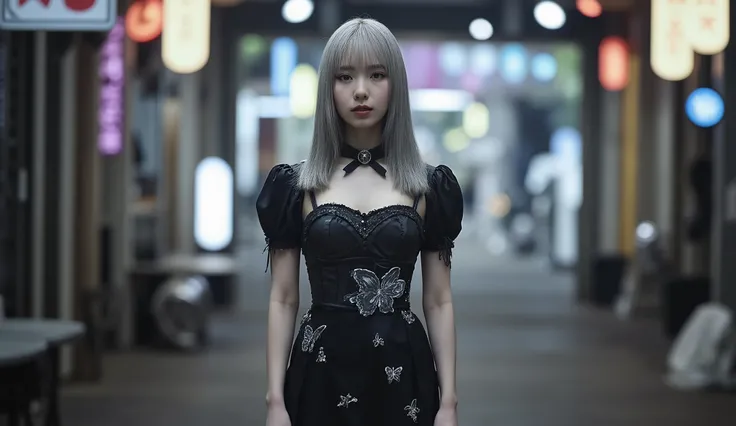( masterpiece,  best quality,  Super Details,    Hyperrealistic gothic girl  :1.3),,  GLAMOROUS BODY ,  happy, ( wide angle shot,  Sexy body pose :1.2), (Detailed wear,  full body tights to cover full nudity :1.2),   monochrome costume  ,  Grey diamond pat...
