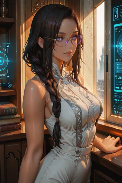 A graceful, elegant Latina woman with warm, rich brown skin stands in a modern, minimalist data center that blends classic academic architecture with high-tech cyber elements. She wears a refined, tailored outfit in deep navy and soft gray, with subtle sil...
