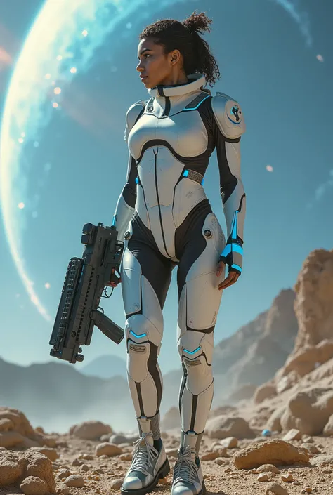 A young woman, a futuristic space soldier, clad in sleek, white high-tech armor with glowing blue accents, stands in a desolate, rocky alien landscape. She wields an advanced laser rifle. The environment features a swirling nebula in the background, painte...