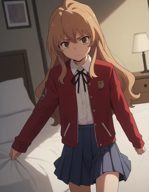 Aisaka Taiga, brown hair, brown eyes in the bedroom,side lock,Single
uniform, oohashi high uniform, jacket, red jacket, long sleeve, shirt, white shirt, collared shirt, ribbon, skirt for ears, pleated skirt for ears,
indoor, bed, bed room, Aside, , intoxic...