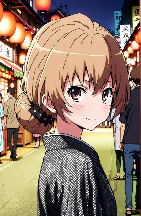 Aisaka Taiga, brown hair, brown eyes in the bedroom,side lock,single bun hair,Nape,flower hair ornament with ears,Black flower pattern kimono,smile,blush,mouth,standing,Light up fireworks,Red Lantern,Japanese stalls ,night,crowd,Beautiful Scenery,full body...