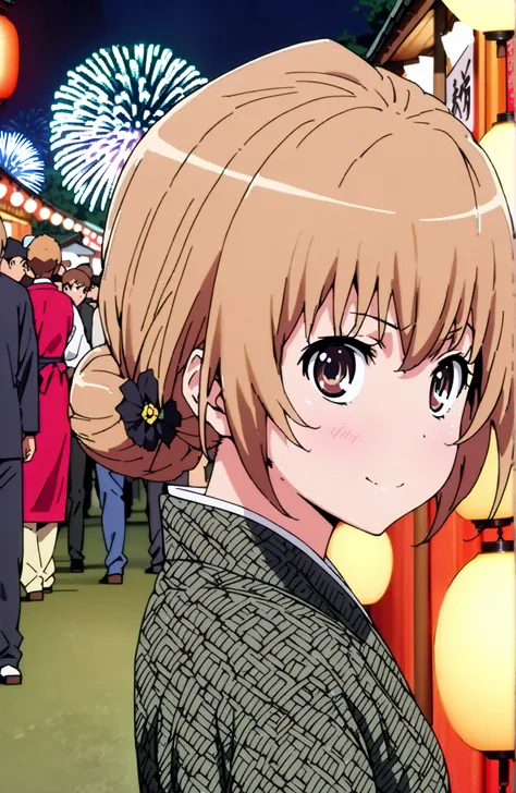 Aisaka Taiga, brown hair, brown eyes in the bedroom,side lock,single bun hair,Nape,flower hair ornament with ears,Black flower pattern kimono,smile,blush,mouth,standing,Light up fireworks,Red Lantern,Japanese stalls ,night,crowd,Beautiful Scenery,full body...