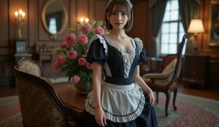super real, photorealistic, dramatic scene, shadow, global lighting, solo, (20 year old famous Japanese idol girl:1.5), A very pretty and delicate Japanese girl, very beautiful、very cute but cool face like a boy, ( modern maid but porn star , bondage:1.2),...