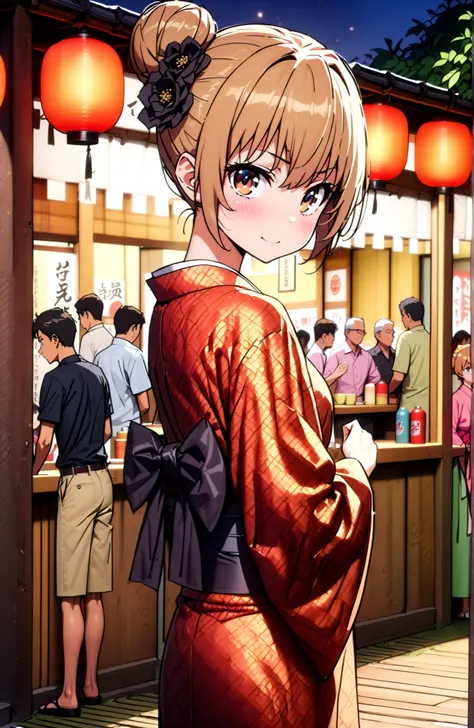 Aisaka Taiga, brown hair, brown eyes in the bedroom,side lock,single bun hair,Nape,flower hair ornament with ears,Black flower pattern kimono,smile,blush,mouth,standing,Light up fireworks,Red Lantern,Japanese stalls ,night,crowd,Beautiful Scenery,full body...