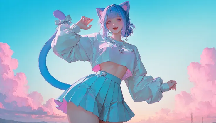 solo, 1 girl, a cute and curvy anime girl with big round teal-blue eyes, long sky-blue twin-tail hair tied with ribbons, featuring soft purple and deep blue highlights. Her face is adorable and expressive, with a sweet smile and slightly flushed cheeks. Sh...