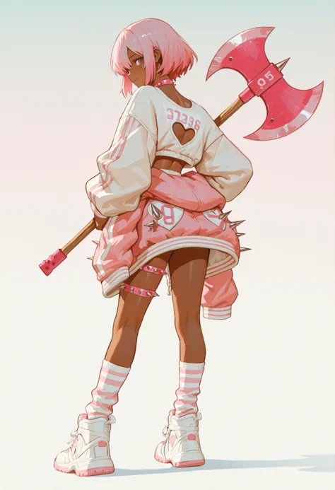 confident anime girl with bulky pink hair and brown skin, in a relaxed pose with one hand around the waist. She wears a cute outfit of pink and white streetwear with a heart-shaped cutout top, oversized jacket Around the waist with the number 105 and drawi...