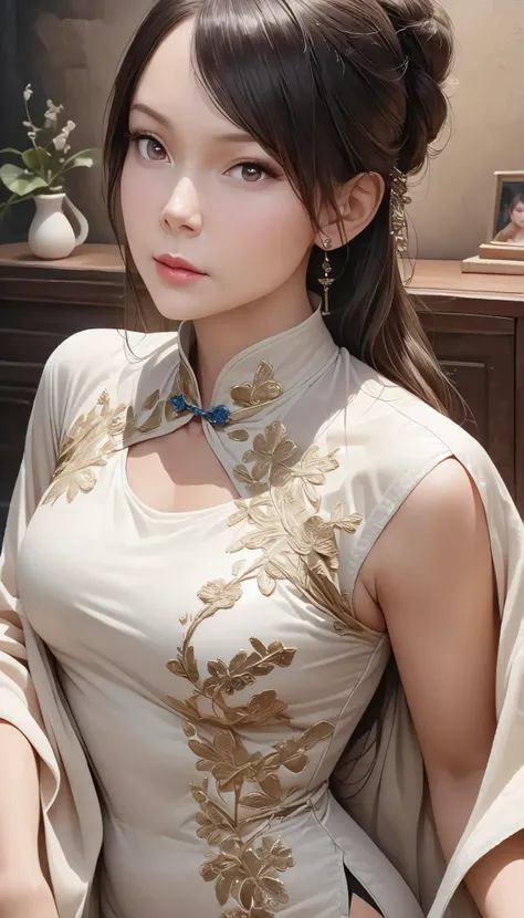 (best quality,4K,high resolution, masterpiece:1.2),ultra-fine,(realistic,photorealistic,photo-realistic:1.37),Fashion Magazine Cover: Barbie in a Chinese cheongsam,High-End Fashion, magazine model ,Delicate Details, chic and stylish , flawless makeup ,Perf...