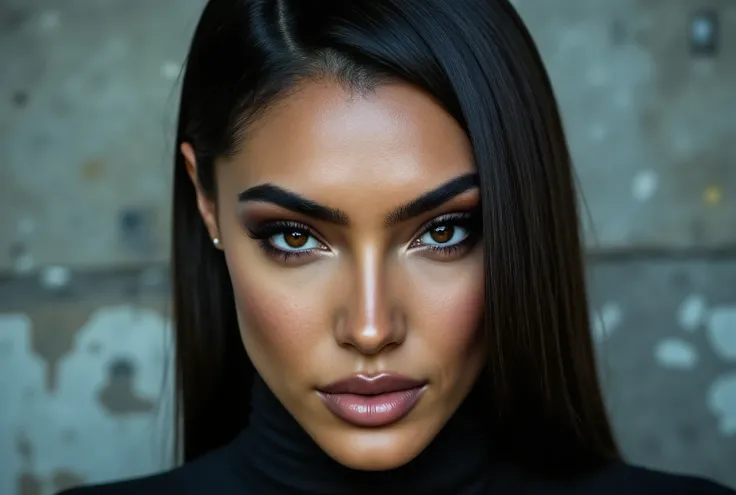 close up image of woman looking directly and intensely into the camera, her head slightly tilted down, intimidating, piercing eyes, concrete background