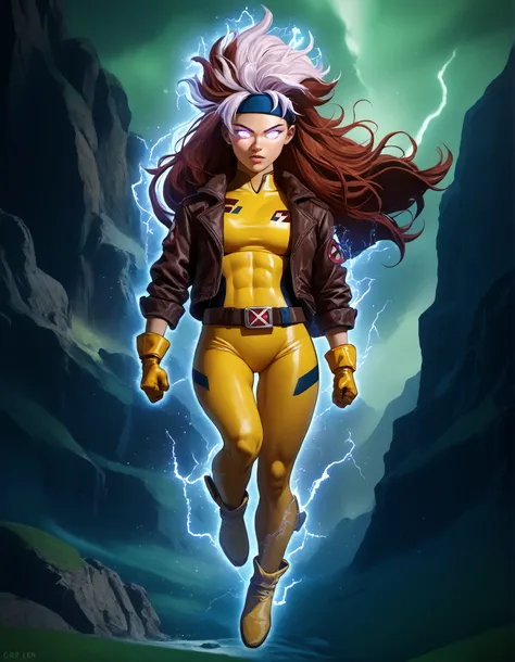 score_9, score_8_up, score_7_up, source_anime, 1girl, solo, DEFrogue, long hair, dyed bangs, headband, bodysuit, jacket, yellow gloves, belt, cr4ckl3, electricity, glowing eyes, whiteglow, outdoors, floating, full body, aura energy, UltraInstInctAura, aura...