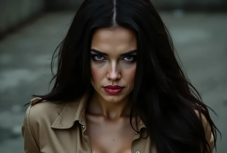 close up image of woman looking directly and intensely into the camera, her head slightly tilted down, intimidating, mischievous little smirk, piercing eyes, concrete background, cinematic lighting