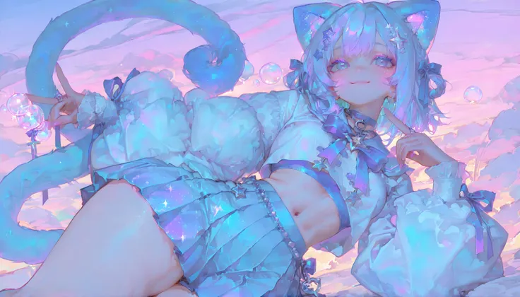solo, 1 girl, a cute and curvy anime girl with big round teal-blue eyes, long sky-blue twin-tail hair tied with ribbons, featuring soft purple and deep blue highlights. Her face is adorable and expressive, with a sweet smile and slightly flushed cheeks. Sh...