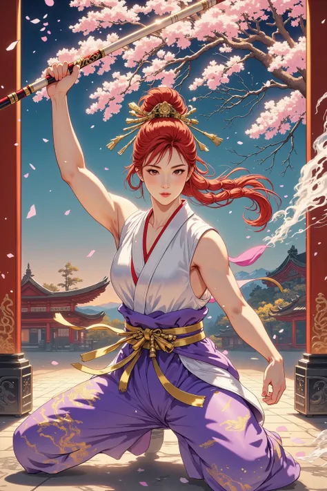 (((masterpiece))), (((best quality))), ((ultra-detailed)), ((female)), (Chinese monk), (redhead), (braided hair), (kung-fu), (spear), (training), (temple), (sexy), (sweaty), (busty)