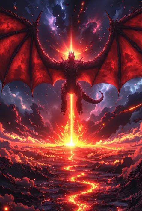 a huge red dragon with massive wings spread wide, towering over a volcanic landscape with erupting volcanos, burning ground, and swirling sparks in the air, rainbow particles,8K, highly detailed, cinematic, dramatic lighting, epic fantasy scene, digital ar...