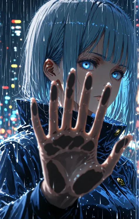 dark background, scenery, looking at viewer through glass, 1 boy, gojo satoru-jujutsu kaisen, blue eye, pressing hand on glass, upper body, blurred background, depth of field, sharp shadow, anime coloring, rain on glass, [wlop:0.05, mika pikazo:1.2]