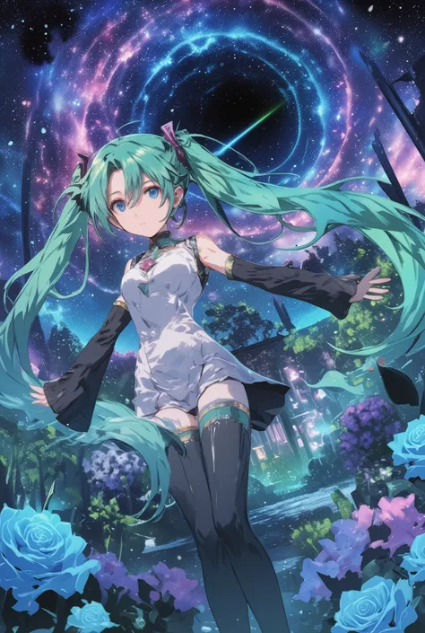 ( masterpiece、 best quality、 best quality、Official Art、 beautiful beautiful :1.2) Hatsune Miku、light green twin tails, beautiful breasts, masterpiece, Concept Art, panorama, In the center, shape, wide shot, garden, night , (meteor), space galaxy back...