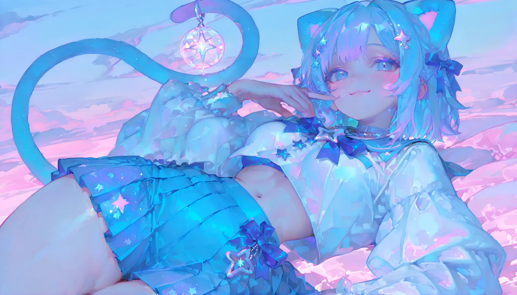 solo, 1 girl, a cute and curvy anime girl with big round teal-blue eyes, long sky-blue twin-tail hair tied with ribbons, featuring soft purple and deep blue highlights. Her face is adorable and expressive, with a sweet smile and slightly flushed cheeks. Sh...